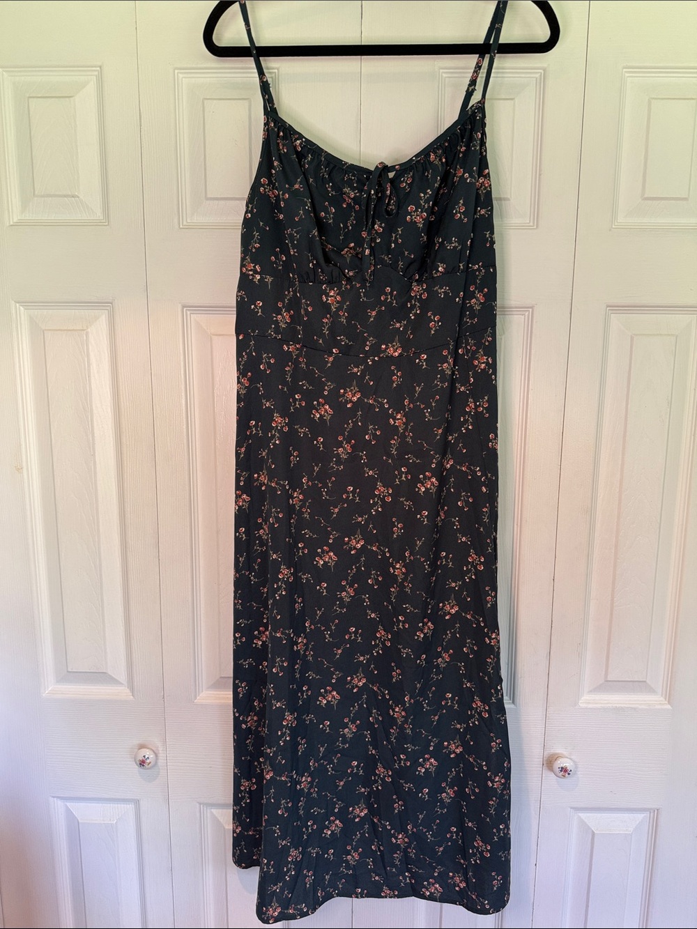 Floral Slip Midi Dress in Dark Green with Pink Flowers - Picture 1 of 3